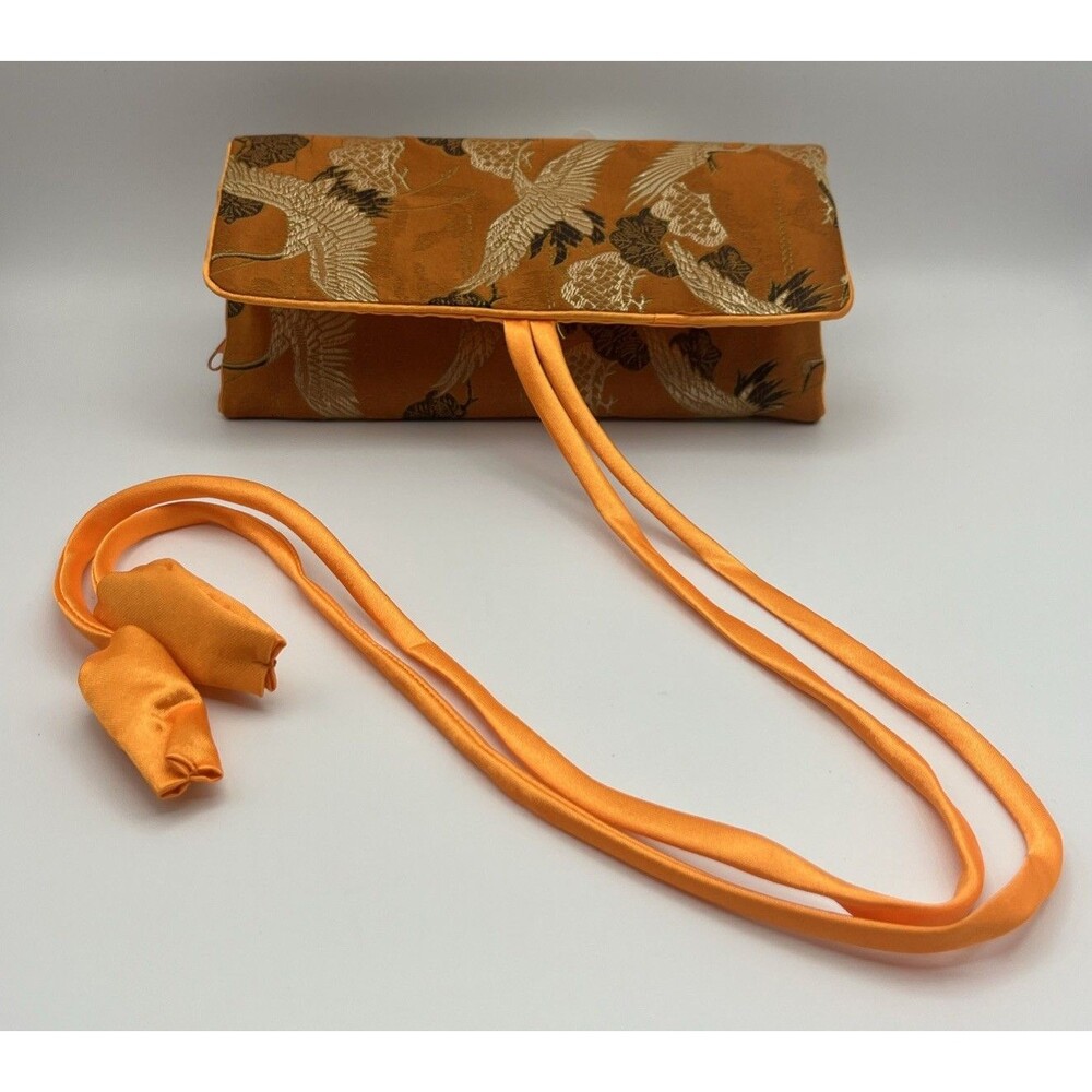 Embroidered Kinran Orange And Gold Jewelry Wrap Roll With Crane Pattern 7x9.5 In